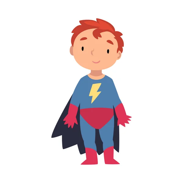 Junge im Superheldenkostüm steht mit gespreizten Fingern im Cartoon-Vektor — Stockvektor