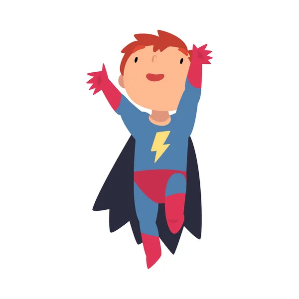 Garçon dans un costume de super-héros saute joyeusement illustration vectorielle de dessin animé — Image vectorielle