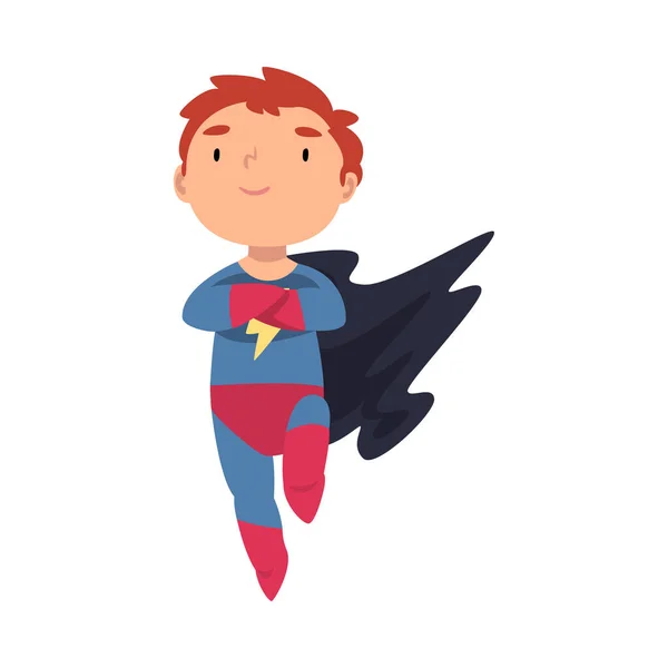 Niño vestido como un superhéroe en vuelo ilustración vector de dibujos animados — Vector de stock