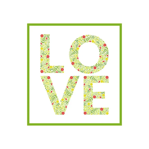 Love Word Made of Leaves and Flowers Pola Vector Illustration - Stok Vektor