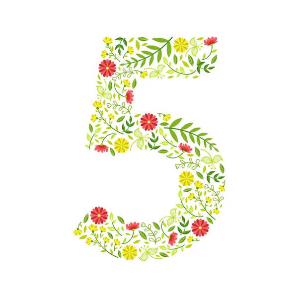 Número 5, Número floral verde hecho de hojas y flores Patrón Vector Ilustración — Archivo Imágenes Vectoriales