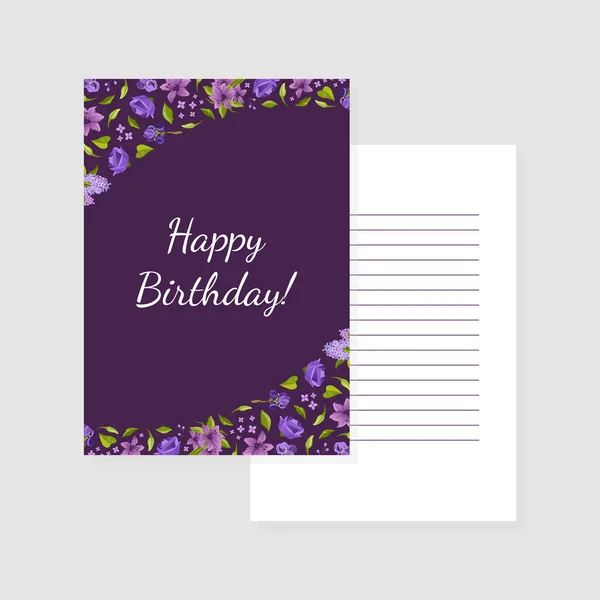 Zadowolony urodziny fioletowy szablon karty z kwiatami i notatnik Lined Ilustracja wektor papieru — Wektor stockowy