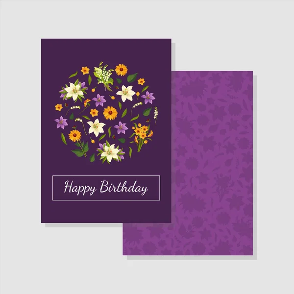 Happy Birthday Purple Card Template with Floral Pattern of Circular Shape Vector Illustration — Stock Vector