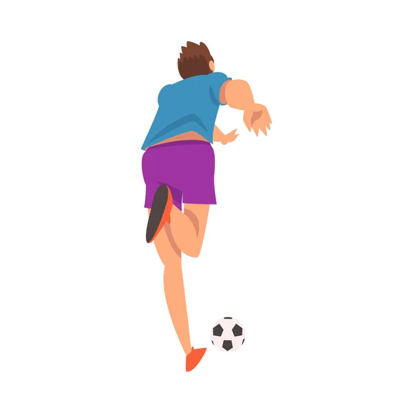 Fotbalista ve sportovní uniformě kopání míč, Pohled zezadu, Profesionální sportovec postava v akci vektorové ilustrace — Stockový vektor