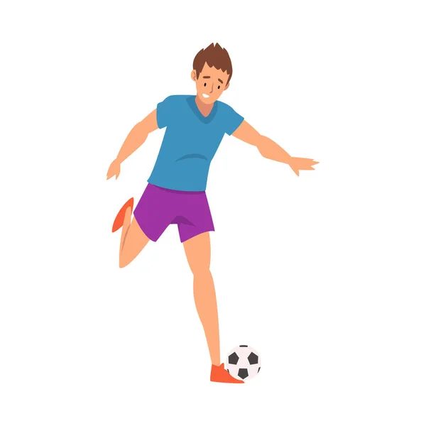 Ποδόσφαιρο Player in Sports Uniform Kicking the Ball, Προβολή, Επαγγελματίας Αθλητής Χαρακτήρας σε Δράση Εικονογράφηση Διάνυσμα — Διανυσματικό Αρχείο