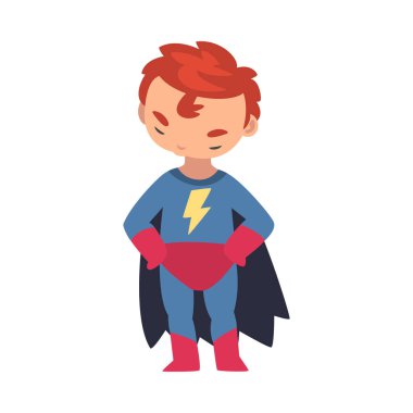 Süper kahraman kostümü giymiş bir çocuk ellerini kalçasından tutup başını eğmiş ve çizgi film çizimleri gibi sallıyor.