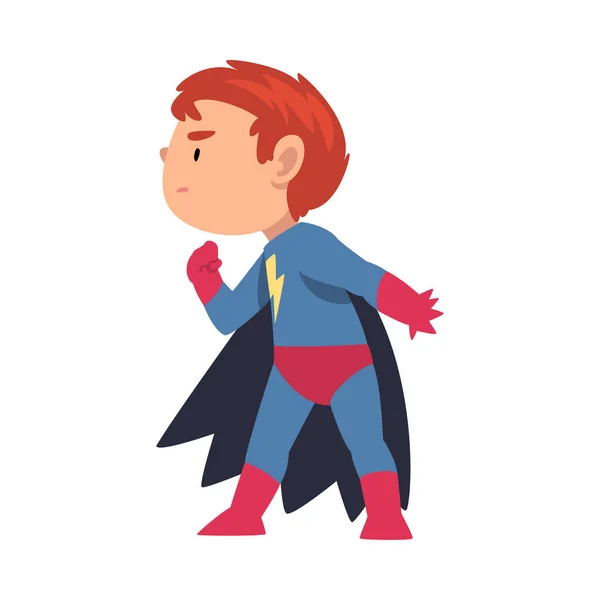 Niño en un disfraz de superhéroe se cuela de lado ilustración vector de dibujos animados — Vector de stock