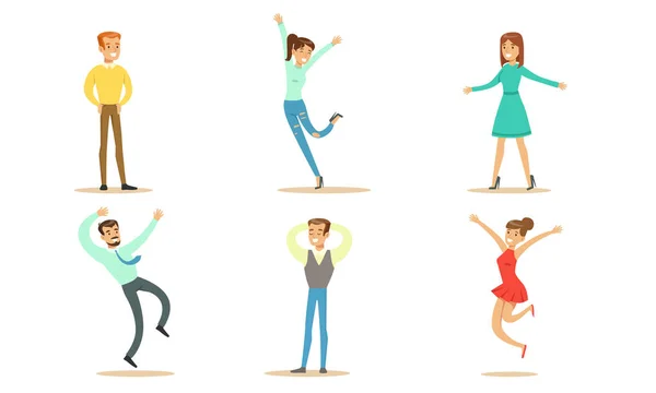 Happy People Set, Jonge mannen en vrouwen in verschillende houdingen verheugen zich op een belangrijke gebeurtenis Vector Illustratie — Stockvector