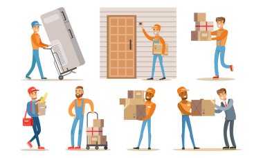 Teslimat Hizmetleri Çalışanları Seti, Kurye Karakterleri Paketleri, Ev Aletleri ve Bakkaliyeleri Müşteri Vektör İllüzyonu 'na Teslim Ediyor