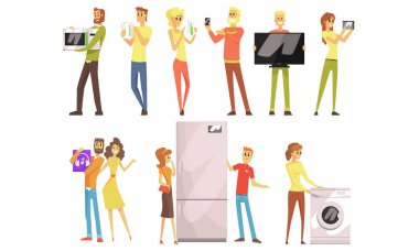 Gülümseyen İnsanlar Ev Aletleri Alışverişi, Erkekler ve Kadınlar Mağaza Vektörü Resimlerinde Elektronik Seçip Satın Alırken