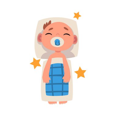 Bebek, emzik vektör çizimi ile battaniyenin altında uyuyor.