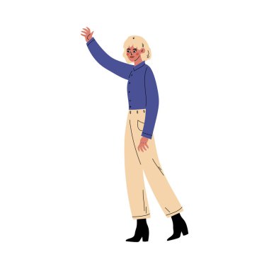 Kız elini sallıyor ve diğer elini karikatür vektör illüstrasyonunda tutuyor.