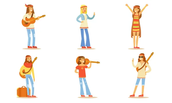 Men and Women Hippie Characters Set, Happy People Wearing Hippie Clothes of the 60s and 70s Vector Illustration — Stockový vektor