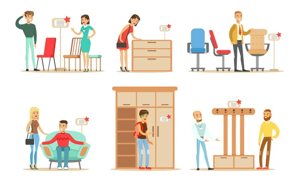 Collection of People Shopping for Furniture at Store, Men and Women Choosing House Decor with Help of Professional Sellers Vector Illustration (dalam bahasa Inggris) - Stok Vektor