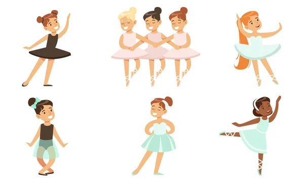 Adorables Bailarinas Bailando en Tutu Set de Vestidos, Niñas Bailando Ballet Vector Illustration — Archivo Imágenes Vectoriales