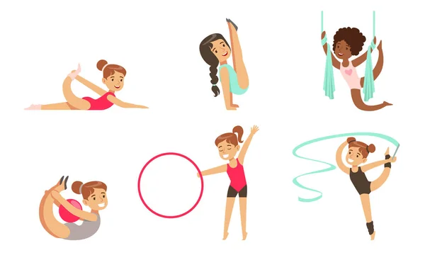 体操女运动员用球、丝带、钩子、空中丝带、矢量图解表演体操节拍 — 图库矢量图片