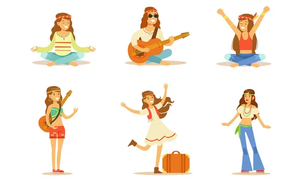 Conjunto de personajes hippies de hombres y mujeres, personas felices con ropa hippie de los años 60 y 70 tocando música, viajando, meditando ilustración vectorial — Archivo Imágenes Vectoriales
