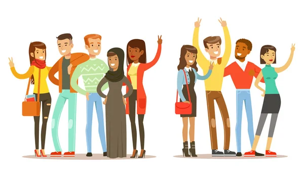 Des gens heureux de diverses nationalités montrant des gestes de victoire Illustration vectorielle — Image vectorielle