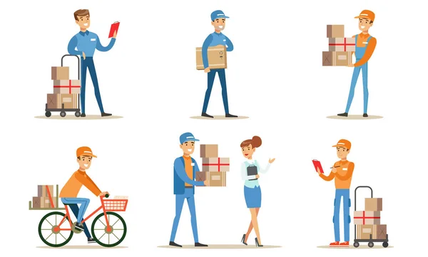 Servizio di consegna e set logistico, personaggi corrieri che consegnano pacchetti ai clienti Illustrazione vettoriale — Vettoriale Stock