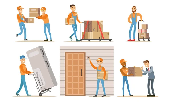 Set de trabajadores de servicio de entrega, personajes de mensajeros entregando paquetes, electrodomésticos a los clientes Vector Illustration — Vector de stock