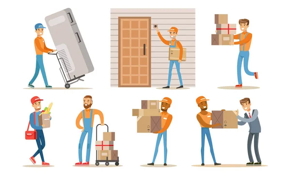 Conjunto de trabajadores de servicio de entrega, personajes de mensajeros que entregan paquetes, electrodomésticos y comestibles a los clientes Vector Illustration — Vector de stock