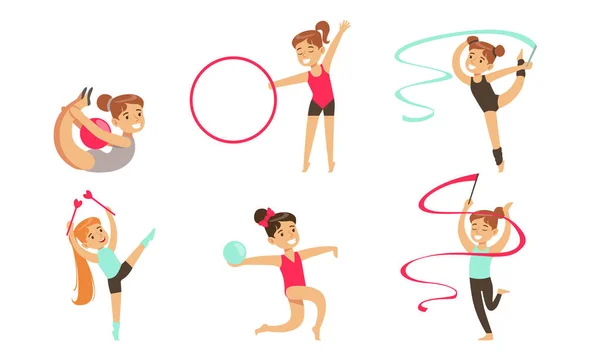 Jimnastikçi Kızlar Balo, Kurdele, Hoop Vector İllüstrasyon ile Ritmik Jimnastik Elementleri Gösteriyor — Stok Vektör