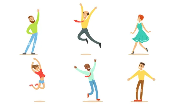 Happy People in Various Poses Set, Young Men and Women Rejoicing at an Important Event Vector Illustration — Stock Vector