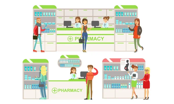 Farmacia Interior moderno con farmacéuticos y estantes con medicamentos, personas que compran medicamentos en la farmacia Vector Illustration — Vector de stock