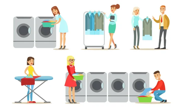 干洗服务套件、使用专业纺织成衣服务的人士及病媒图解 — 图库矢量图片