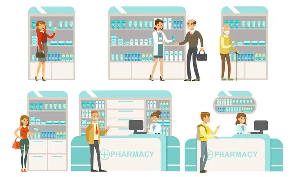 Apotheek Modern interieur met apotheker en planken met medicijnen, mensen die medicijnen kopen in de drogisterij Flat Vector Illustration — Stockvector