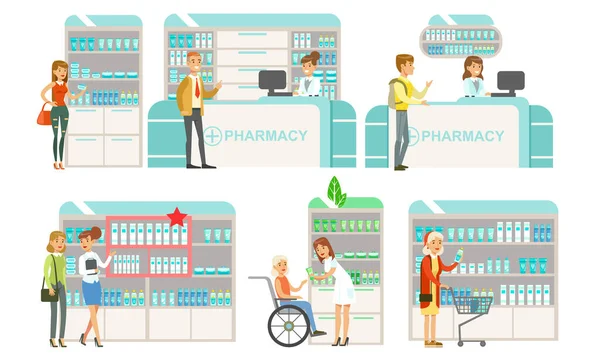 Farmacia o farmacia Interior moderno con farmacia y estantes con medicamentos, personas que compran medicamentos Ilustración de vectores planos — Archivo Imágenes Vectoriales