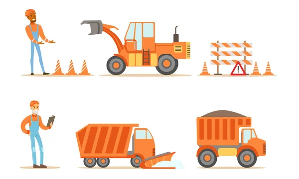 Trabajadores de la Construcción Vial en Máquinas Uniformes e Industriales Set Vector Illustration — Vector de stock