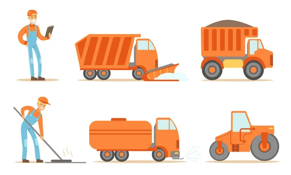 Trabajadores de la construcción de carreteras en máquinas uniformes e industriales, camiones pesados, conjunto de tractores Vector ilustración — Archivo Imágenes Vectoriales