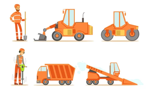Vägbyggnadsarbetare i enhetliga och industriella maskiner, Bulldozer, Tunga lastbil, Traktor, Paver Set vektor Illustration — Stock vektor