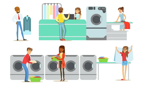 Chemische Reinigung und Wäscheservice-Set, Menschen, die professionelle Textilkleidung Service-Vektor-Illustration verwenden — Stockvektor
