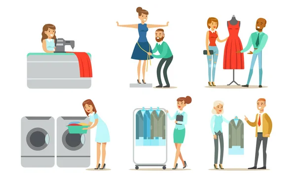 Conjunto de serviços de limpeza a seco, pessoas usando roupas têxteis profissionais e ilustração de vetor de serviço de alfaiataria —  Vetores de Stock
