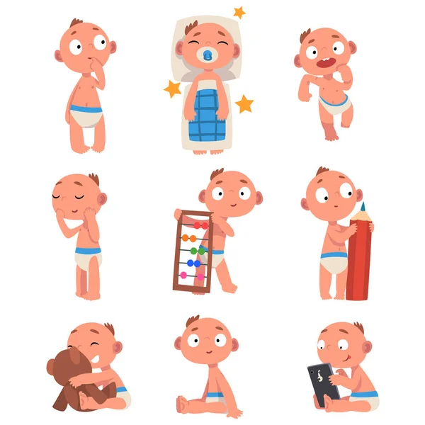 Kinderbuchfiguren. Baby Junge in verschiedenen Situationen Cartoon Vektor Illustration — Stockvektor
