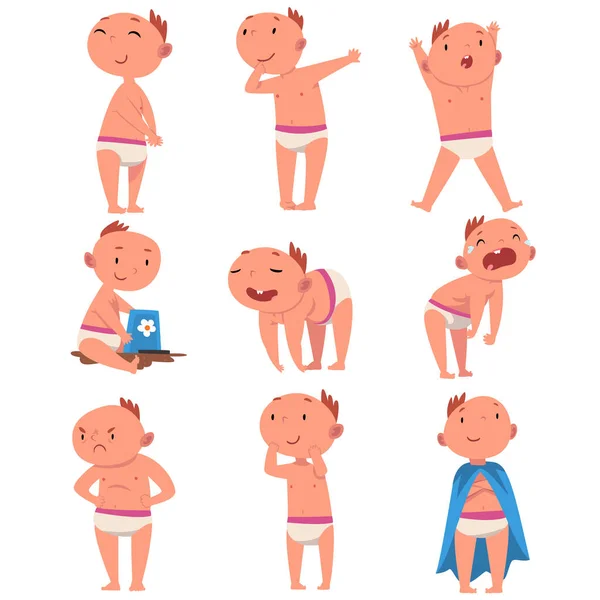 Kinderbuchfiguren. Baby Mädchen in verschiedenen Situationen Cartoon Vektor Illustration — Stockvektor