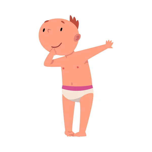 Baby in luier denken met uitgestrekte arm cartoon vector illustratie — Stockvector