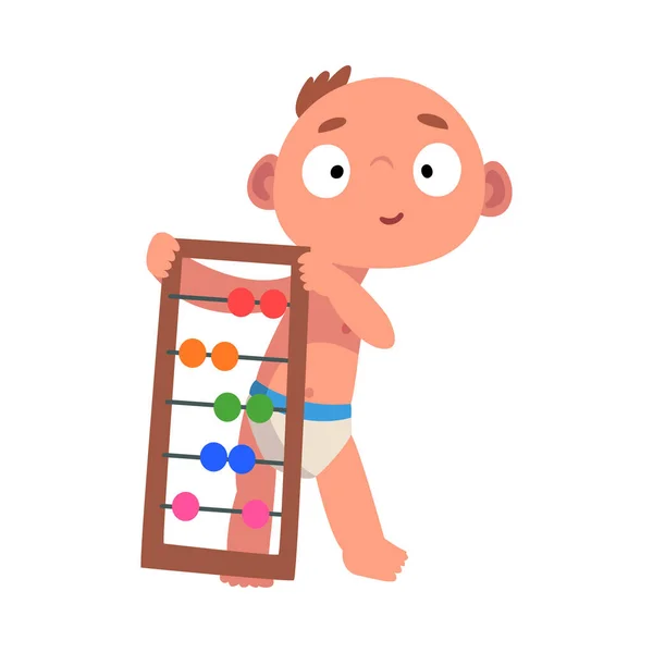 Bebé en pañales juega con abacus ilustración vector de dibujos animados — Vector de stock
