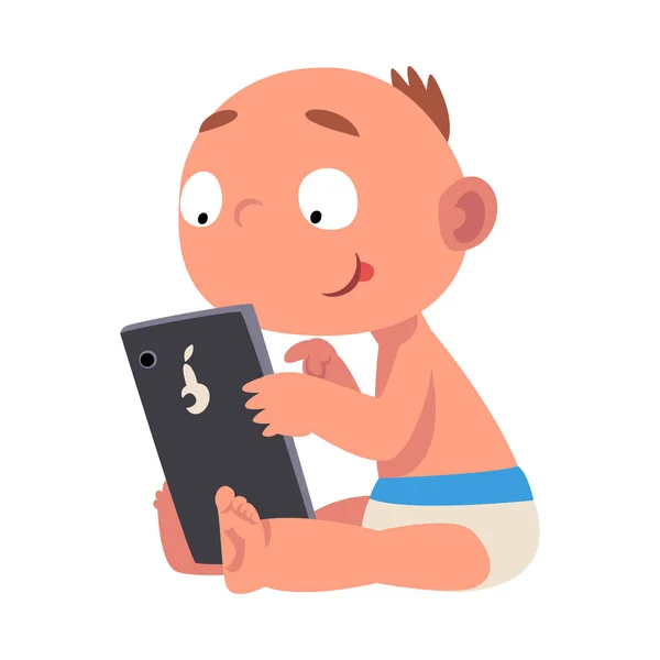 Bebé en pañales juega en ilustración de vectores de dibujos animados smartphone — Vector de stock