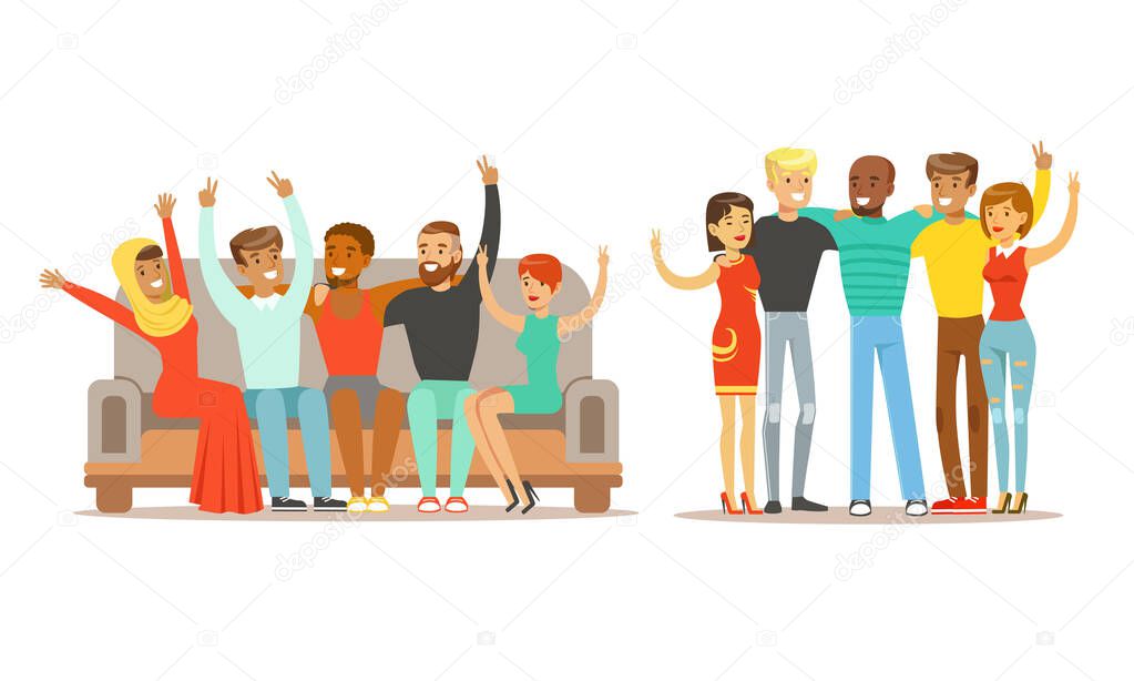 Happy People of Various Nationalities Standing Together and Showing Victory Sign GesturesVector Illustration