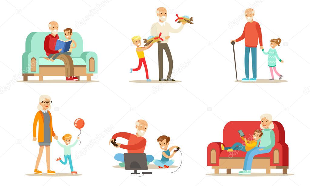 Grandpa And Grandma Spending Time with Their Grandchildren Set, Cute Boys And Girls Reading Books, Walking, Playing Computer Games, with their Grandparents Vector Illustration