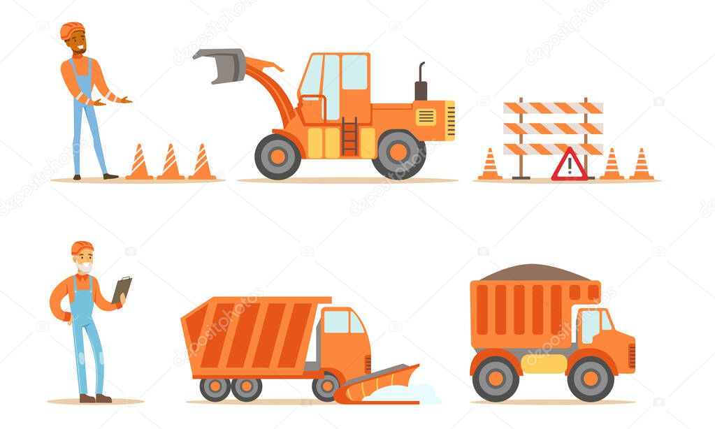 Road Construction Workers in Uniform and Industrial Machines Set Vector Illustration