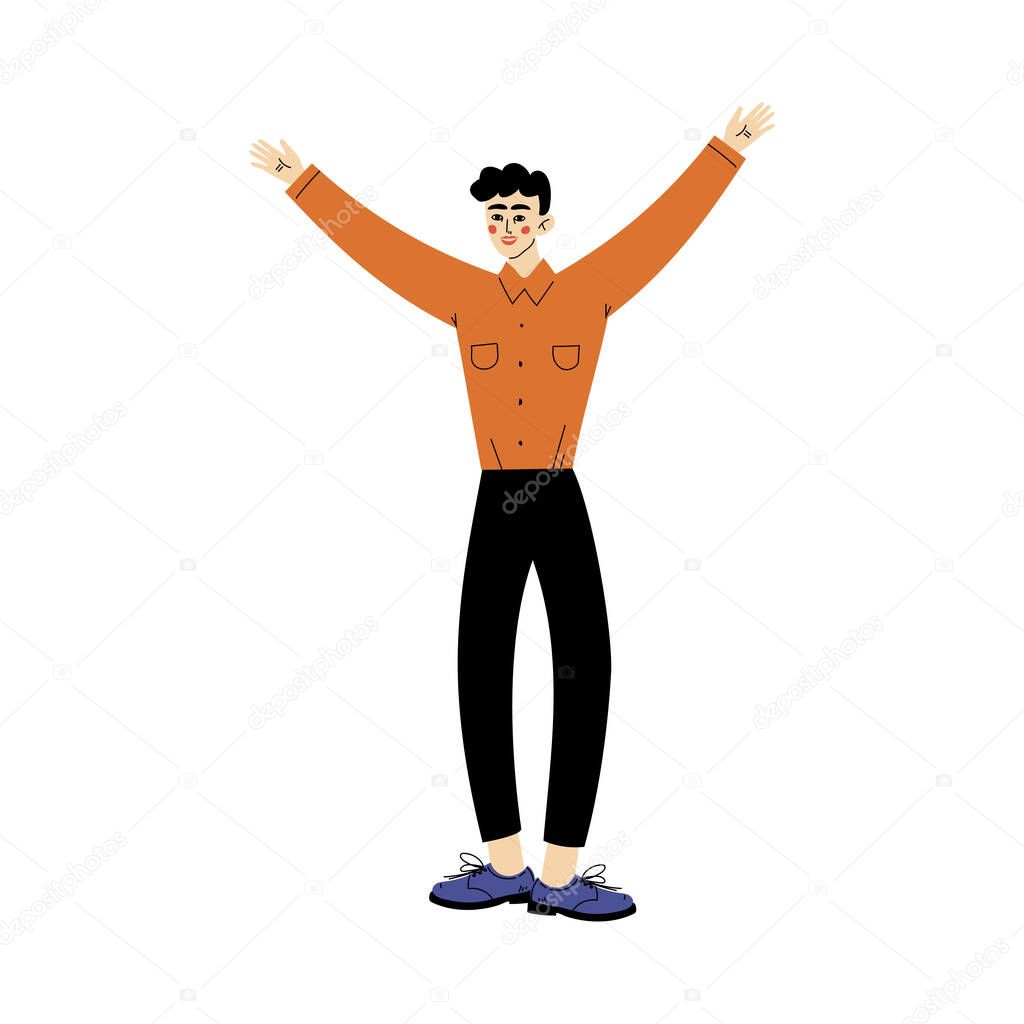 Guy stands raising his hands up cartoon vector illustration