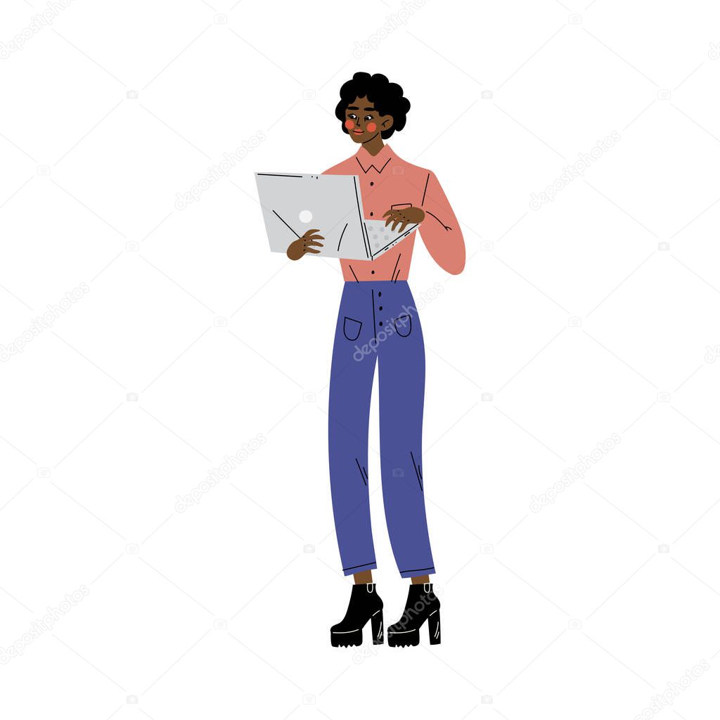 Girl stands and looks at something on a laptop cartoon vector illustration