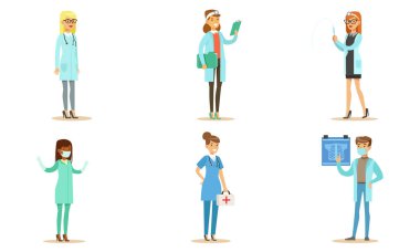 Erkek ve Kadın Doktorlar Set, Profesyonel Hastane Tıbbi Karakterleri Vektör İllüstrasyonu