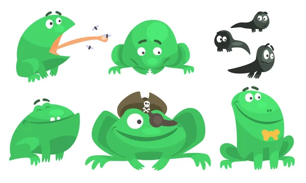 Gyűjteménye zöld béka különböző érzelmek, vicces kétéltű állat rajzfilm karakter különböző helyzetekben Vektor illusztráció — Stock Vector