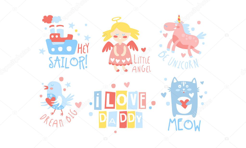 I Love Daddy Childish Prints Collection, Baby Nursery Room Decoration Elements Vector Illustration