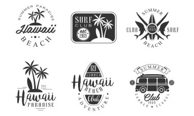 Sörf Kulübü Retro Logo Şablonları Seti, Hawaii Plajı Yaz Cenneti Rozet Tanıtımı